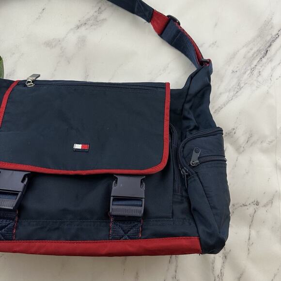 Tommy Hilfiger Vintage Y2k Shoulder Messenger Bag Navy Blue Red Buckles - Picture 2 of 9